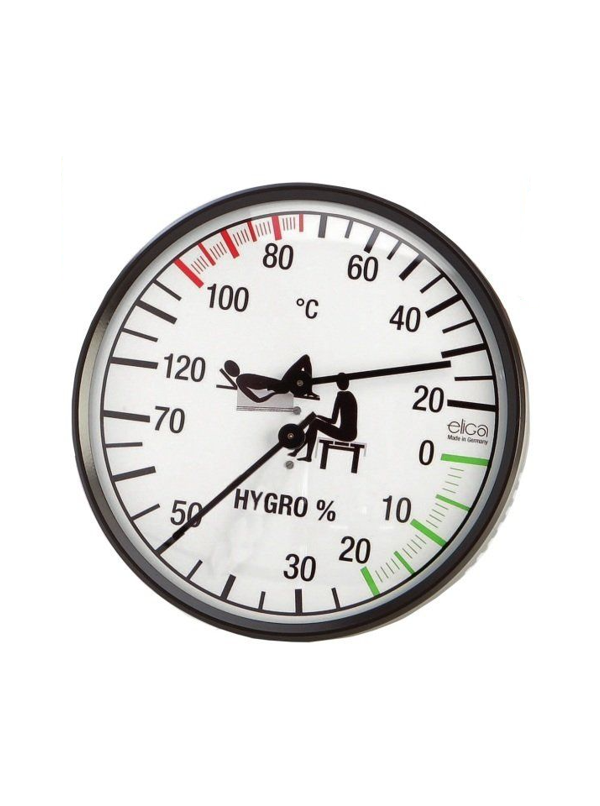 Termo-higrometr do sauny w czarnej obudowie zegar biały bimetal Eliga okrągły 135mm