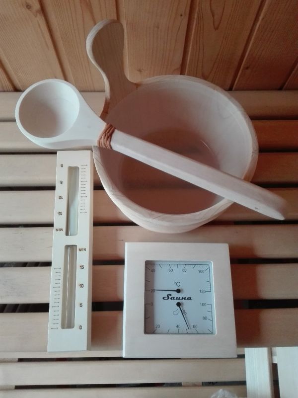 Zestaw saunowy Sawo - Ceber, chochla, termohigrometr, klepsydra - Osika