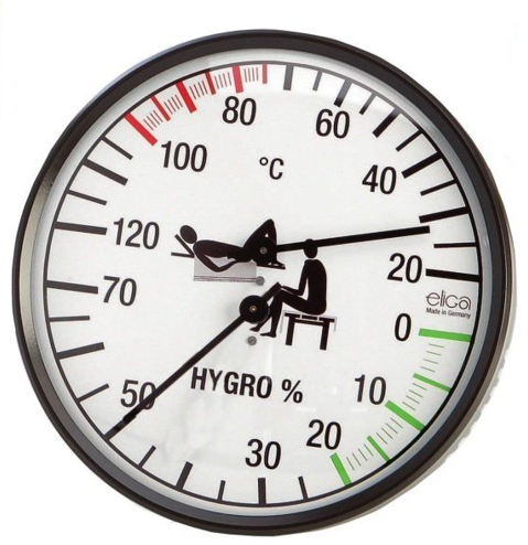 Termo-higrometr do sauny w czarnej obudowie zegar biały bimetal Eliga okrągły 135mm