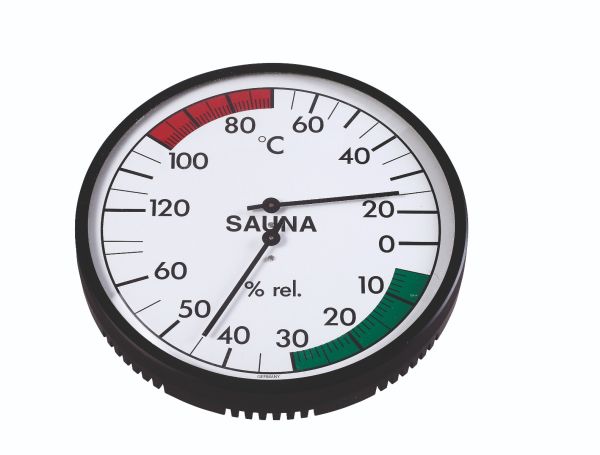 Termo-higrometr do sauny w czarnej obudowie zegar biały bimetal Eliga okrągły 160mm