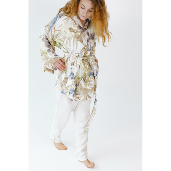 Lniane kimono  LENNEA Niebieskie Czaple