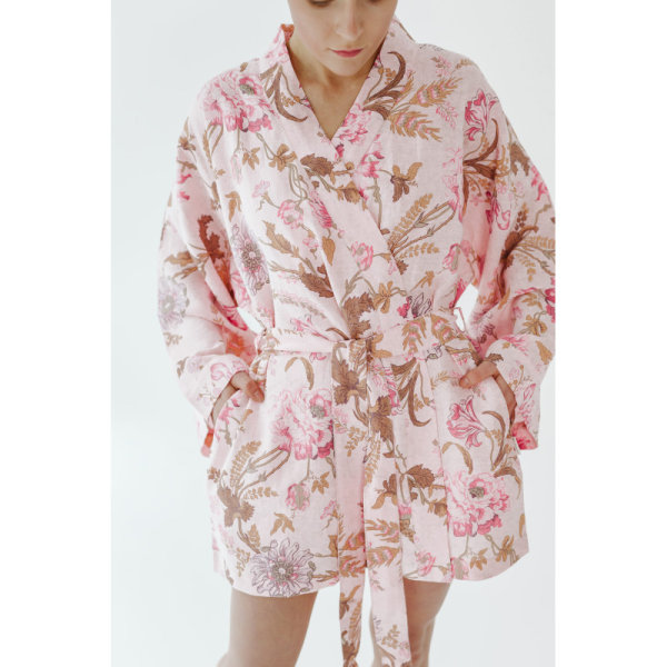 Lniane kimono  LENNEA Różowe Piwonie